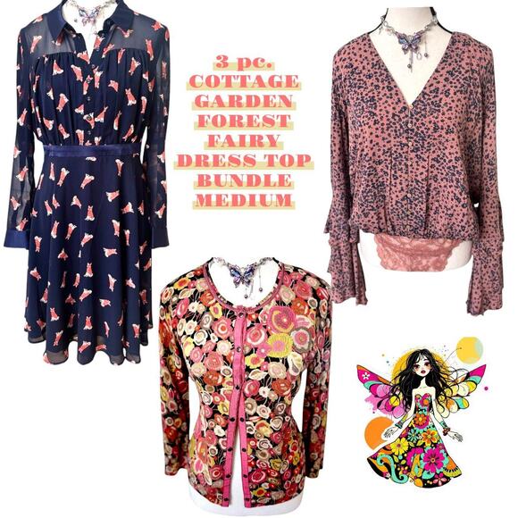 3 PC. COTTAGE FOREST FAIRY DRESS CARDIGAN BLOUSE BUNDLE MEDIUM - Picture 1 of 8